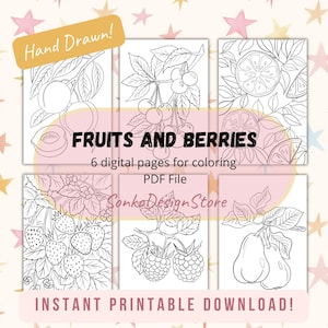 Livre de coloriage numérique fruits et baies pour la détente 6 pages à colorier PDF dessiné à la main Téléchargements instantanés