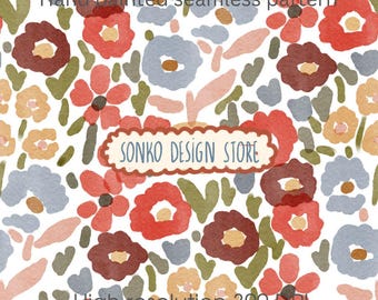 Nahtloses Gartenmuster, Stoffdesign mit Retro-Blumen, Sofort-Download (JPEG)
