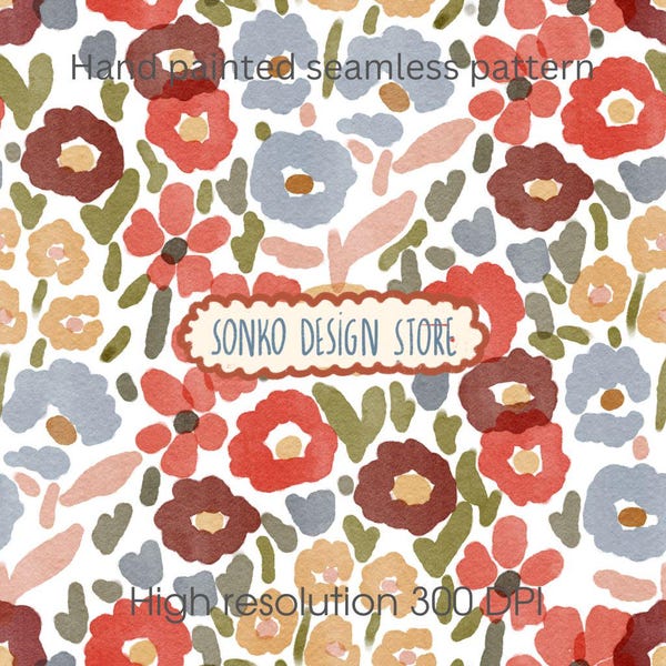 Garden Seamless Repeat Pattern, Retro Flowers Fabric Design, Instant download Jpeg