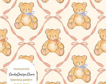 Kokette Teddybär nahtloses wiederholendes Muster, neutrales Babydesign, kommerzielle Nutzung, Hand gezeichnet