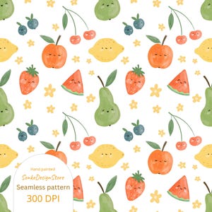 Kawaii Smiling Fruit Seamless Pattern: Digital Paper (JPG Download 3000x3000 px)