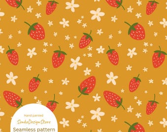 Strawberry Floral Seamless Pattern: Yellow Fabric Print, Digital Paper (JPG Format)