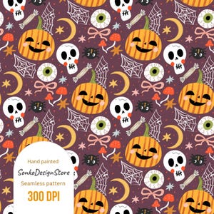 May include: A seamless Halloween-themed pattern featuring pumpkins, skulls, spiderwebs, eyeballs, and crescent moons on a dark purple background. The design includes the text "Hand painted SonkoDesignStore Seamless pattern 300 DPI".
