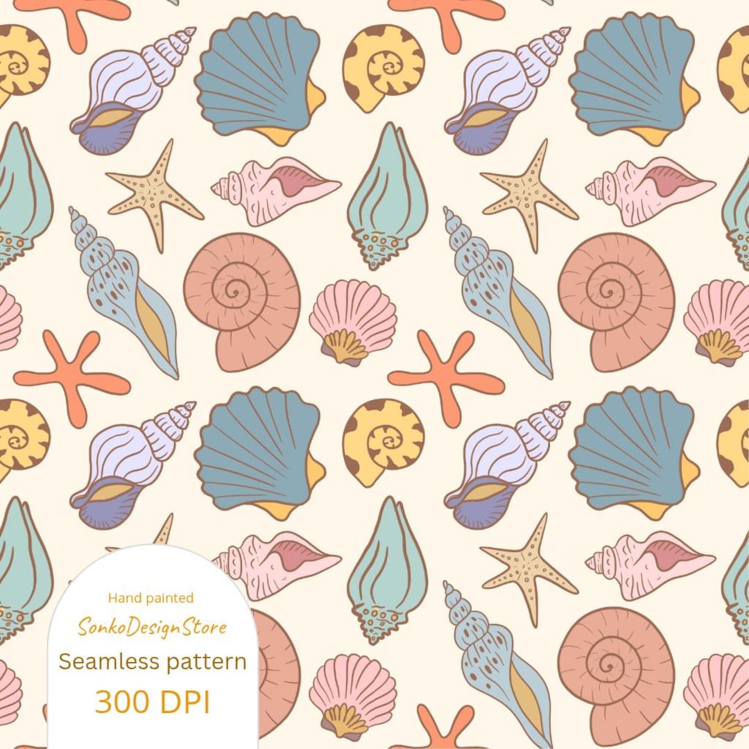 Shells Reapet Patterns Ocean Shells Seamless Pattern, Hand Drawn Repeat Tile, Commercial Use ...
