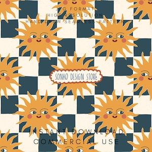 May include: A repeating pattern featuring smiling suns in shades of orange and peach, set against a checkered background of cream and navy blue. The text "SONKO DESIGN STORE" is displayed on a banner. Additional text includes "JPG FORMAT", "HIGH RESOLUTION", "HAND DRAW SEAMLESS PATTERN", "INSTANT DOWNLOAD", and "COMMERCIAL USE".