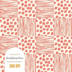 Peut inclure: Motif de motif sans couture présentant un patchwork de carrés. Chaque carré contient un motif différent : floral, rayé et uni. La palette de couleurs comprend crème et corail. Le texte de l'image indique "Hand painted", "SonkoDesignStore", "Seamless pattern", et "300 DPI".