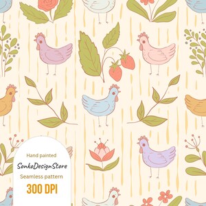 May include: A seamless pattern featuring hand-painted illustrations of chickens, strawberries, and floral elements in pastel colors. The design includes the text "Hand painted", "SonkoDesignStore", "Seamless pattern", and "300 DPI". The background has vertical yellow stripes.