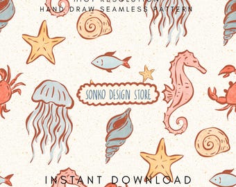 May include: A hand-drawn seamless pattern featuring various marine life illustrations. The design includes starfish, seahorses, jellyfish, shells, and crabs in shades of coral, blue, and yellow on a cream background. The text "SONKO DESIGN STORE" is also present.