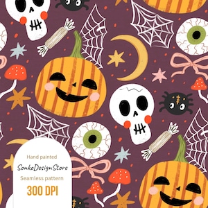 May include: A seamless Halloween-themed pattern featuring pumpkins, skulls, spiders, spiderwebs, and stars in orange, white, and black on a dark purple background. The text "Hand painted SonkoDesignStore Seamless pattern 300 DPI" is visible.