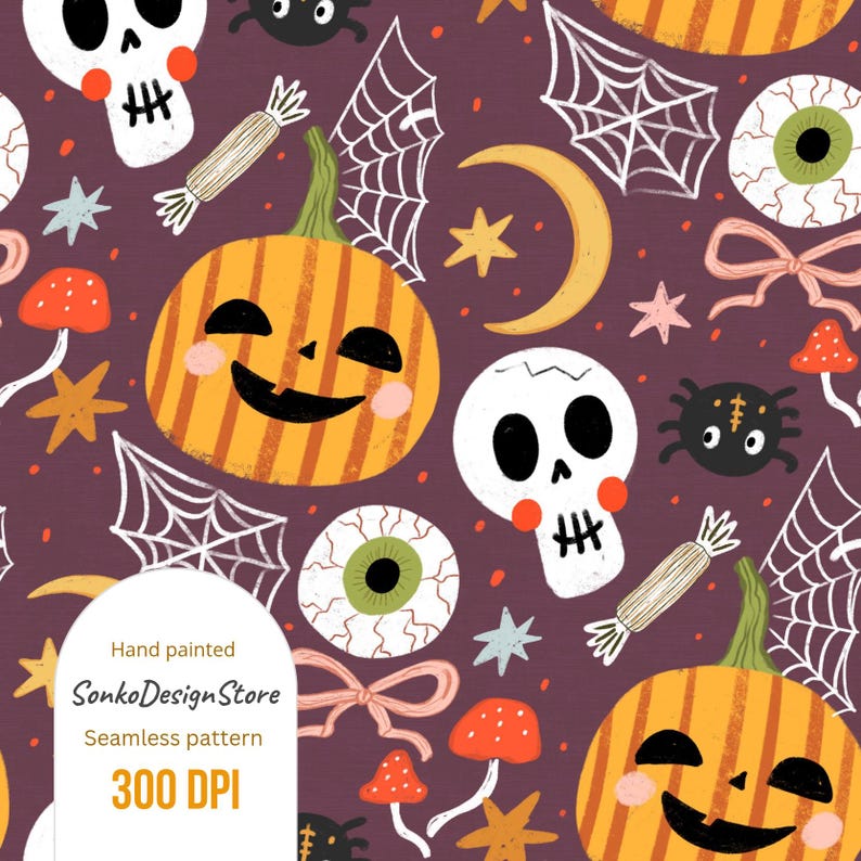 May include: A seamless Halloween-themed pattern featuring pumpkins, skulls, spiders, spiderwebs, and stars in orange, white, and black on a dark purple background. The text "Hand painted SonkoDesignStore Seamless pattern 300 DPI" is visible.