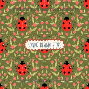 May include: A seamless pattern featuring red ladybugs with black spots, set against a green background with pink flowers and green foliage. The text "Hand painted seamless pattern", "SONKO DESIGN STORE", and "High resolution 300 DPI" are visible.