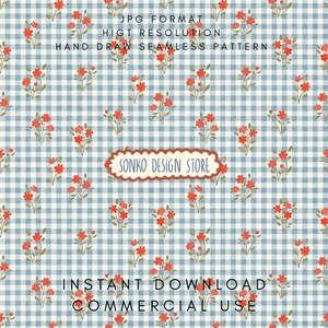 May include: A seamless pattern featuring red floral bouquets on a light blue and white checkered background. The design includes the text "SONKO DESIGN STORE" and "INSTANT DOWNLOAD COMMERCIAL USE". The image is labeled as JPG format and high resolution.