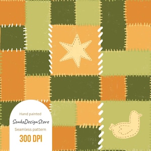 May include: A seamless, hand-painted patchwork pattern in shades of green, orange, and yellow. The design features white stitching, a star, and a bird. The text "SonkoDesignStore" and "300 DPI" are also included. The pattern is suitable for various craft projects.