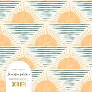 Könnte beinhalten: Nahtloses Muster mit einem sich wiederholenden Design aus Aquarellsonnen und blauen horizontalen Linien, das einen Sonnenuntergang über dem Meer darstellt. Der Hintergrund ist cremefarben. Der Text "Hand painted", "SonkoDesignStore", "Seamless pattern" und "300 DPI" sind sichtbar.