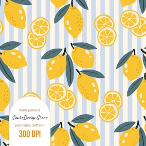 Pode incluir: Padrão sem costura com limões amarelos pintados à mão com folhas verdes e fatias de limão sobre um fundo listrado azul claro e branco. O texto "Hand painted", "SonkoDesignStore", "Seamless pattern" e "300 DPI" também é visível.
