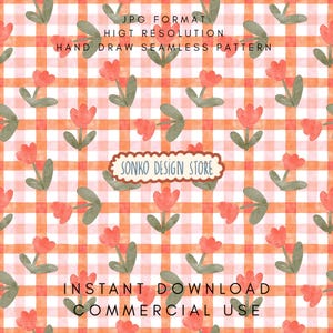 Puede incluir: Patrón sin costuras de acuarela con cuadros vichy naranja y blanco, ilustraciones de tulipanes rojos y hojas verdes. El texto incluye "JPG FORMAT", "HIGH RESOLUTION", "HAND DRAW SEAMLESS PATTERN", "SONKO DESIGN STORE", "INSTANT DOWNLOAD" y "COMMERCIAL USE".