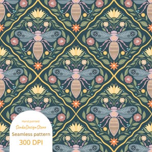 Retro-Muster mit Blumen und Bienen Nahtloses Design Dunkler Hintergrund Florales digitales Papier Handgemaltes sich wiederholendes Design