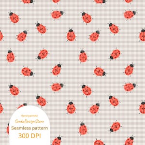 Watercolor Ladybug Seamless Pattern: Plaid Bug Digital Paper (JPG Digital Download)