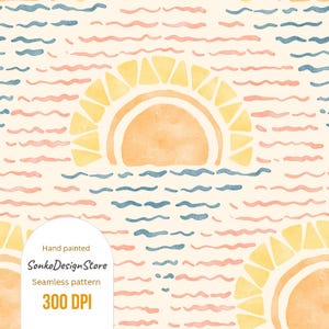 K&ouml;nnte beinhalten: Nahtloses Aquarellmuster mit einem Sonnenuntergang &uuml;ber dem Meer. Das Design zeigt eine gelbe Sonne, blaue Wellen und rosa Linien auf cremefarbenem Hintergrund. Der Text enth&auml;lt "Hand painted", "SonkoDesignStore", "Seamless pattern" und "300 DPI".