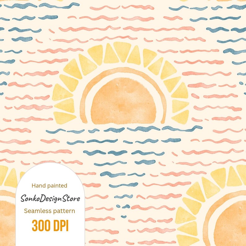 K&ouml;nnte beinhalten: Nahtloses Aquarellmuster mit einem Sonnenuntergang &uuml;ber dem Meer. Das Design zeigt eine gelbe Sonne, blaue Wellen und rosa Linien auf cremefarbenem Hintergrund. Der Text enth&auml;lt "Hand painted", "SonkoDesignStore", "Seamless pattern" und "300 DPI".