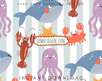 Cute Sea Animals Seamless Pattern, Ocean Kids Background, Whale Octopus Crab Lobster Pattern, Nursery Fabric Design, JPG Digital Download