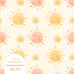 May include: Seamless pattern featuring watercolor suns in shades of yellow and peach, set against a cream and white striped background. The image includes the text "Hand painted", "SonkoDesignStore", "Seamless pattern", and "300 DPI".