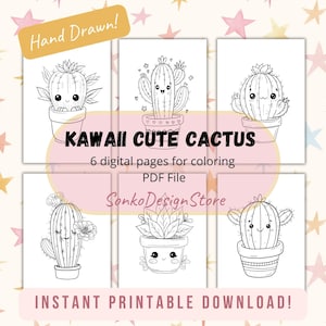 Cactus Kawaii: Libro para colorear, actividad artística imprimible, lindas páginas para colorear en PDF