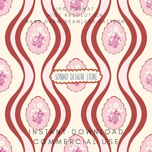May include: Seamless pattern design featuring a repeating floral motif within pink ovals, set against a cream background with wavy red and pink stripes. The design includes the text "JPG FORMAT", "HIGT RESOLUTION", "HAND DRAW SEAMLESS PATTERN", "SONKO DESIGN STORE", "INSTANT DOWNLOAD", and "COMMERCIAL USE".