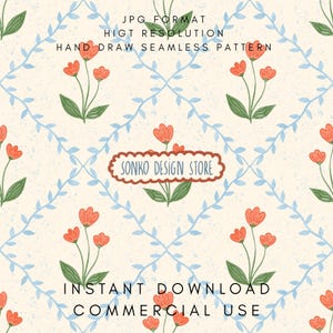 May include: A seamless pattern featuring orange flowers, green leaves, and light blue vines on a cream background. The design includes the text "JPG FORMAT", "HIGT RESOLUTION", "HAND DRAW SEAMLESS PATTERN", "SONKO DESIGN STORE", "INSTANT DOWNLOAD", and "COMMERCIAL USE".