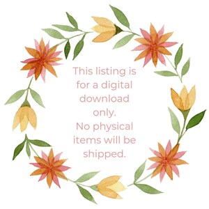 K&ouml;nnte beinhalten: Aquarell-Blumenkranz in Orange, Gelb und Gr&uuml;n. Der Kranz umgibt den Text: "Dieses Angebot gilt nur f&uuml;r einen digitalen Download. Es werden keine physischen Artikel versendet."