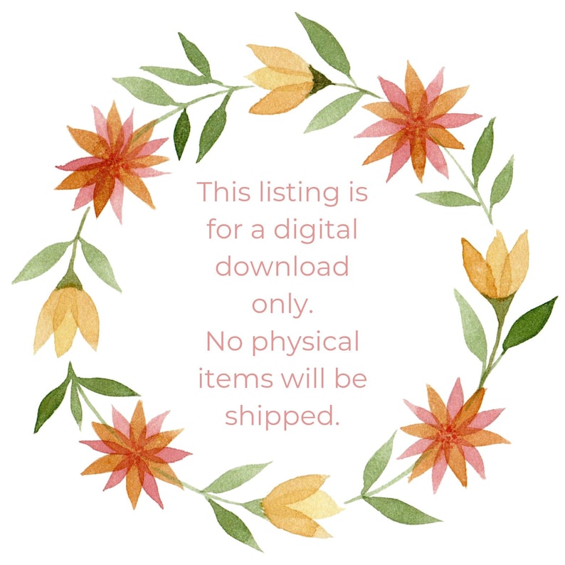K&ouml;nnte beinhalten: Aquarell-Blumenkranz in Orange, Gelb und Gr&uuml;n. Der Kranz umgibt den Text: "Dieses Angebot gilt nur f&uuml;r einen digitalen Download. Es werden keine physischen Artikel versendet."