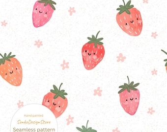 Kawaii strawberry seamless repeating pattern, Hand drawn pattern, Commercial use