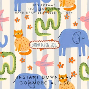 Op de afbeelding: Een naadloos patroon met handgetekende illustraties van katten, olifanten, slangen en vogels, afgewisseld met oranje bloemen. Het ontwerp bevat de tekst "SONKO DESIGN STORE", "JPG FORMAT", "HIGH RESOLUTION", "HAND DRAW SEAMLESS PATTERN", "INSTANT DOWNLOAD" en "COMMERCIAL USE".