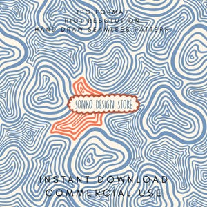 May include: A cream-coloured background with a blue, hand-drawn, seamless pattern of wavy lines. The image includes the text "JPG FORMAT", "HIGH RESOLUTION", "HAND DRAW SEAMLESS PATTERN", "SONKO DESIGN STORE", "INSTANT DOWNLOAD", and "COMMERCIAL USE".