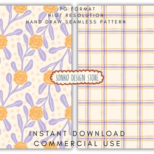 Könnte beinhalten: Zwei digitale nahtlose Muster. Eines zeigt orangefarbene Blumen und lila Blätter auf cremefarbenem Hintergrund. Das andere ist ein Karomuster in Orange und Lila auf cremefarbenem Hintergrund. Der Text enthält "JPG FORMAT", "HOHE AUFLÖSUNG", "HANDGEZEICHNETES NAHTLOSES MUSTER", "SONKO DESIGN STORE", "SOFORTIGER DOWNLOAD" und "KOMMERZIELLE NUTZUNG".