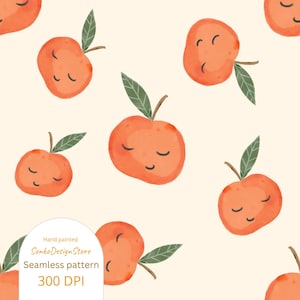 Könnte beinhalten: Nahtloses Muster mit Aquarellillustrationen von orangefarbenen Äpfeln mit geschlossenen Augen und grünen Blättern. Die Äpfel sind auf einem cremefarbenen Hintergrund verteilt. Der Text "Hand painted", "Seamless pattern" und "300 DPI" ist sichtbar.