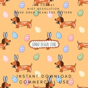 以下が含まれることがあります： 桃色の背景に、ウサギの耳をつけた漫画のダックスフントとイースターエッグが描かれたシームレスパターン。画像には「SONKO DESIGN STORE」、「JPG FORMAT」、「HIGH RESOLUTION」、「HAND DRAW SEAMLESS PATTERN」、「INSTANT DOWNLOAD」、「COMMERCIAL USE」の文字も含まれています。