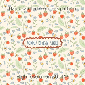 May include: A hand-painted seamless pattern featuring strawberries, bees, and blue flowers on a cream background. The design includes the text "SONKO DESIGN STORE" and "High resolution 300 DPI".