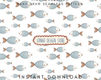Fish seamless repeat pattern, Hand drawn oceanic design (digital download)