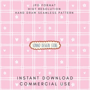 Patrón sin costuras de corazón de flores de cuadros vichy rosas, diseño de tela (descarga instantánea en formato JPG)