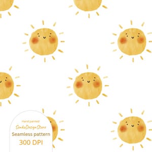 May include: A seamless pattern featuring a repeating design of yellow watercolour suns with smiling faces and rosy cheeks. The suns have a simple, hand-painted style and are set against a white background.