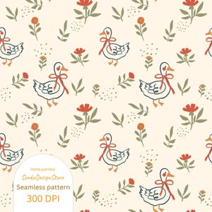 May include: A seamless pattern featuring hand-painted white geese with red bows, surrounded by red flowers, green leaves, and small orange floral accents on a cream background. The text "Hand painted, SankoDesignStore, Seamless pattern, 300 DPI" is also visible.