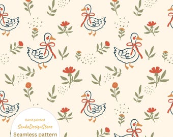 Padrão sem costura de pato e flor, design de tecido estilo Cottagecore (papel digital, uso comercial)