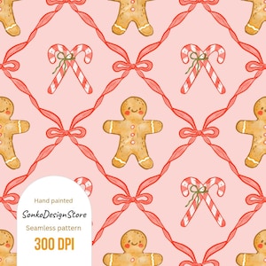 Op de afbeelding: Een naadloos patroon met peperkoekenmannetjes, zuurstokken en rode linten op een roze achtergrond. Het ontwerp bevat de tekst "Hand painted", "SonkoDesignStore", "Seamless pattern" en "300 DPI".