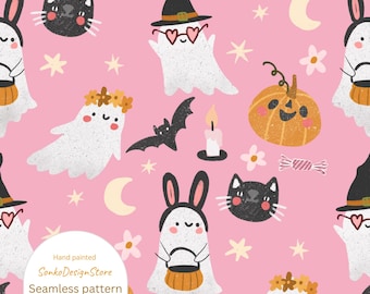 Pink Halloween seamless pattern: hand drawn ghost, digital paper (commercial use)