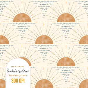 Watercolor Sunset Seamless Pattern: Boho Retro Sun Digital Paper (300 DPI JPG File