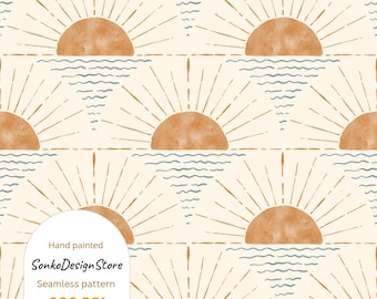 Aquarell Sonnenuntergang Seamless Muster: Boho Retro Sonne Digitales Papier (300 DPI JPG Datei