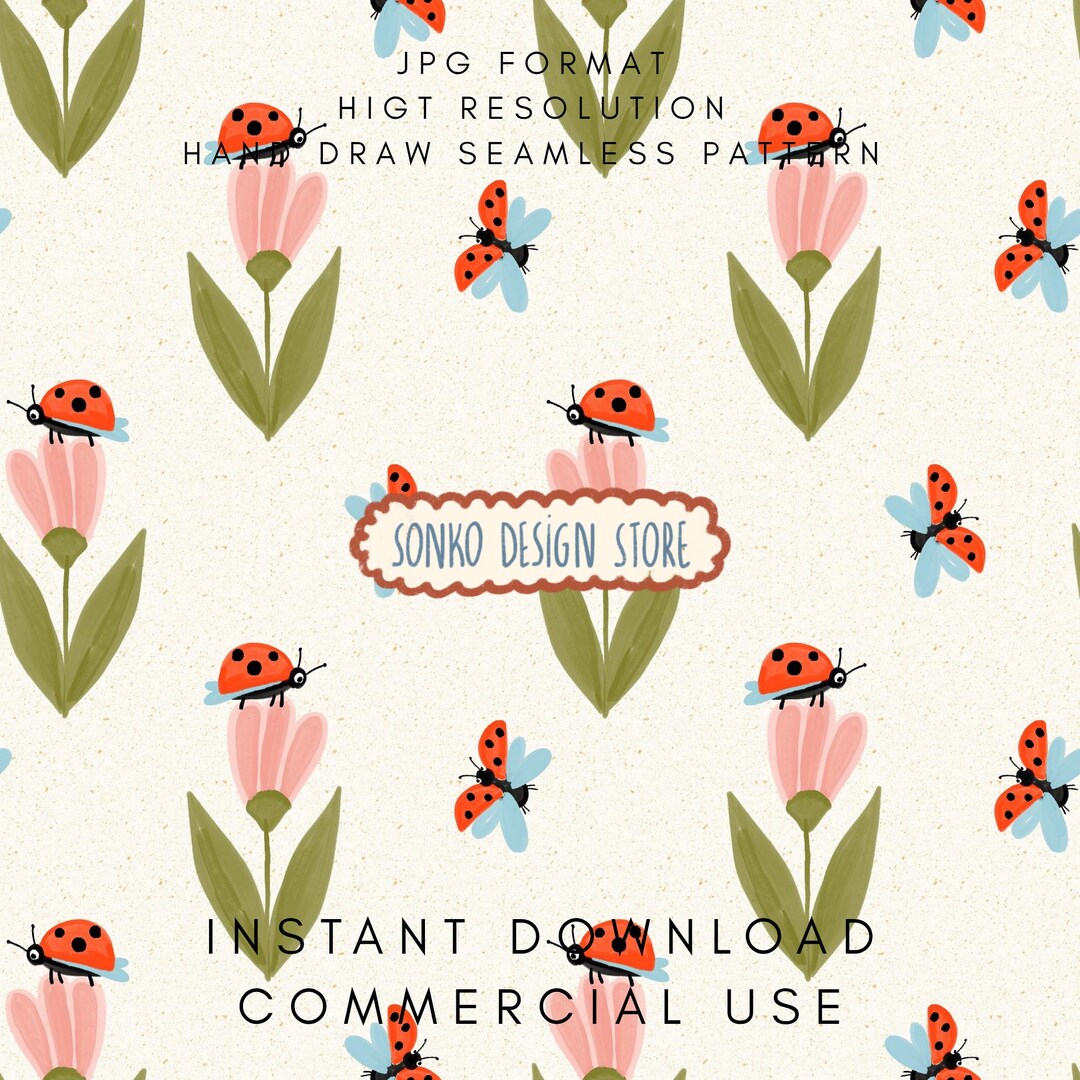 Ladybug Repeat Pattern Ladybug and Flower Seamless Repeat Pattern, Spring Digital Design ...