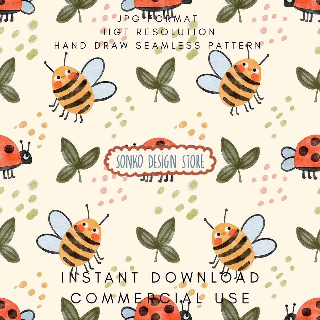 Ladybug Repeat Pattern Ladybug and Bee Seamless Repeat Pattern, Nursery Fabric Design, Hand ...