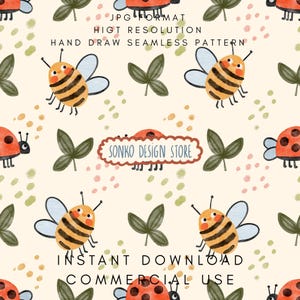 Pode incluir: Padrão contínuo com abelhas e joaninhas de desenho animado, folhas verdes sobre fundo creme. O texto inclui "JPG FORMAT", "HIGH RESOLUTION", "HAND DRAW SEAMLESS PATTERN", "SONKO DESIGN STORE", "INSTANT DOWNLOAD" e "COMMERCIAL USE".